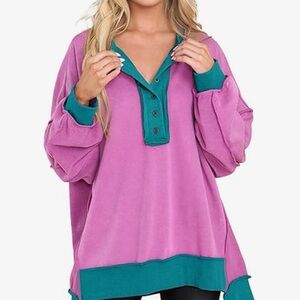 Women's Pink and Teal Button-Up Top
